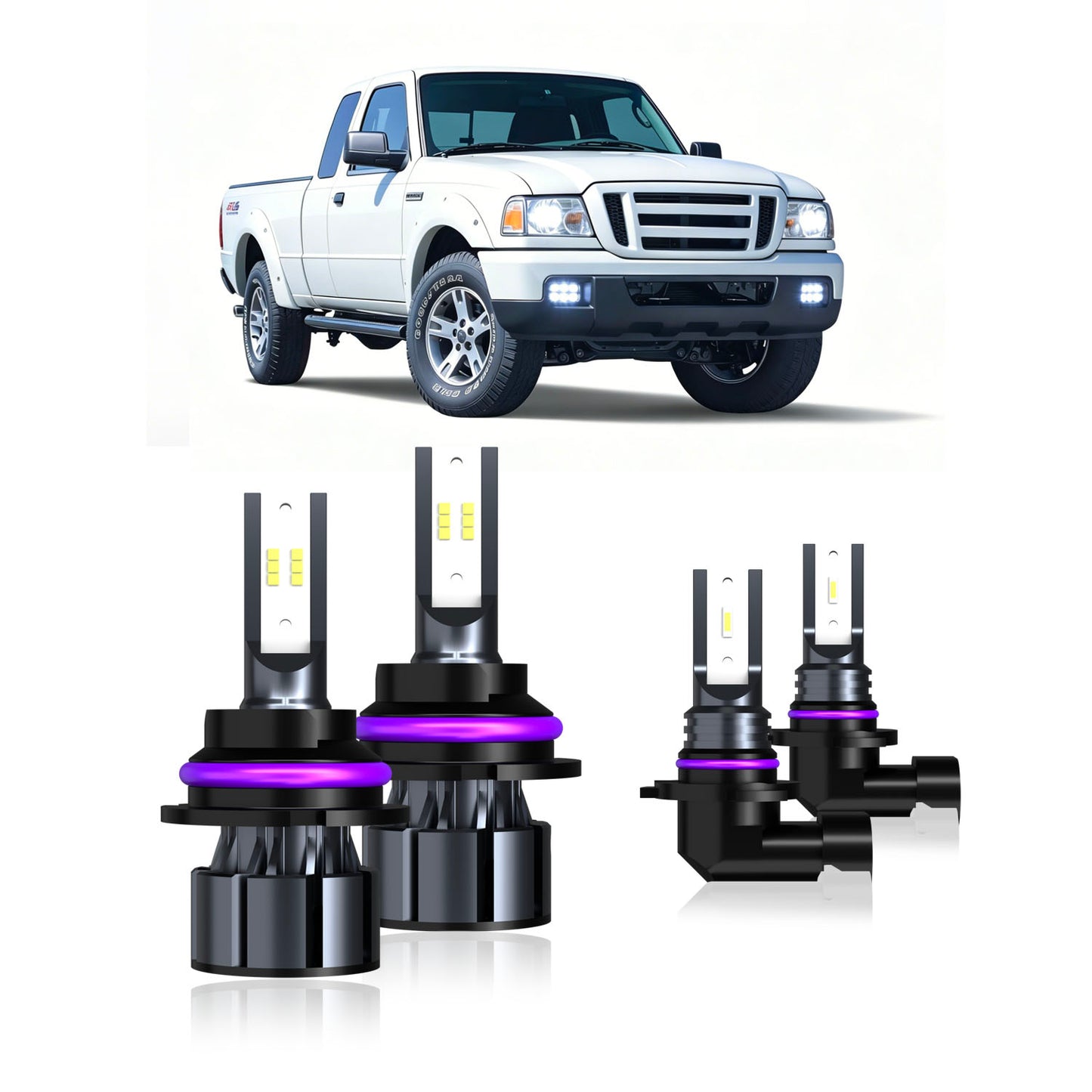 2001-2011 Ford Ranger Complete LED Headlight & Fog Light Upgrade Kit | High Beam, Low Beam & Fog Combo (4-Pack）