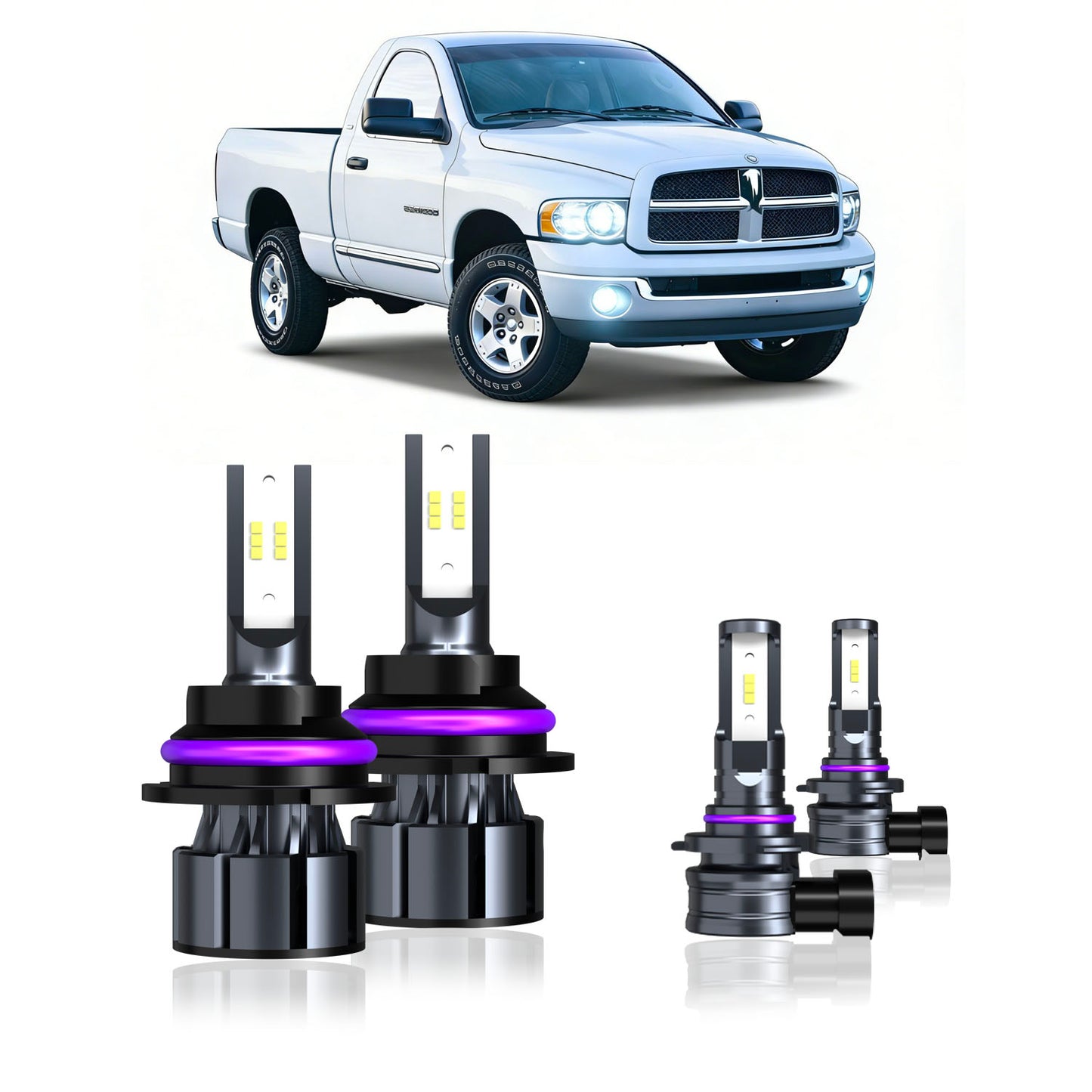 2002-2005 Dodge Ram 1500 Complete LED Headlight & Fog Light Upgrade Kit | High Beam, Low Beam & Fog Combo (4-Pack）