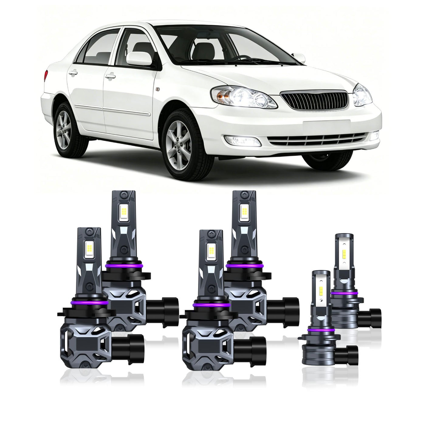 2001-2008 Toyota Corolla Complete LED Headlight & Fog Light Upgrade Kit | High Beam, Low Beam & Fog Combo (6-Pack）