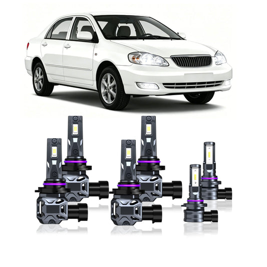 2001-2008 Toyota Corolla Complete LED Headlight & Fog Light Upgrade Kit | High Beam, Low Beam & Fog Combo (6-Pack）