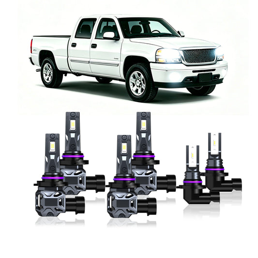 2003-2006 GMC Sierra 1500/2500HD/3500HD Complete LED Headlight & Fog Light Upgrade Kit | High Beam, Low Beam & Fog Combo (6-Pack）
