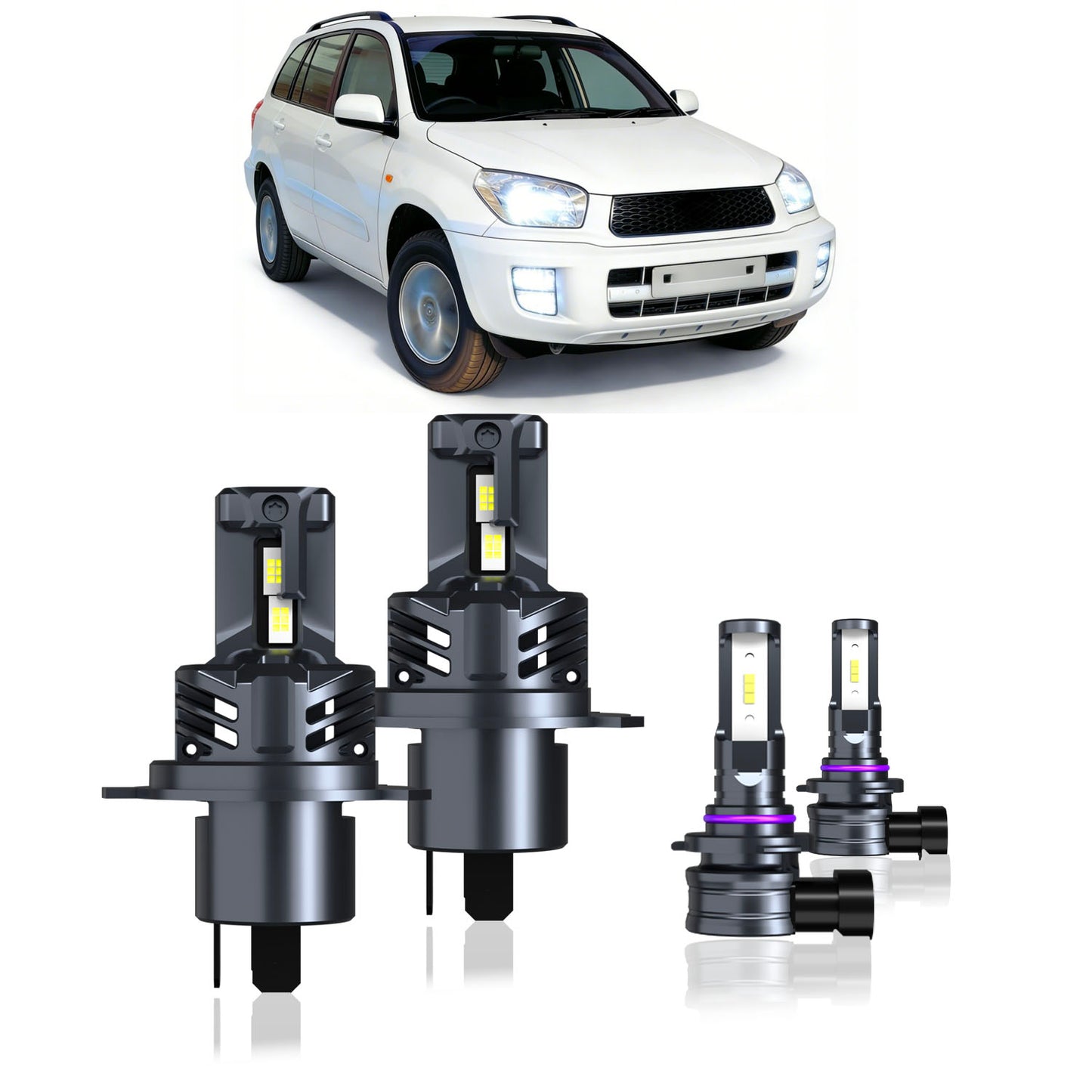 2001-2005 Toyota RAV4 Complete LED Headlight & Fog Light Upgrade Kit | High Beam, Low Beam & Fog Combo (4-Pack）