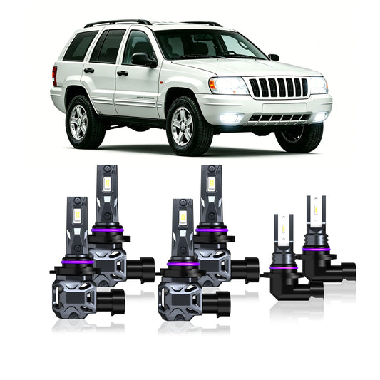 1999-2010 Jeep Grand Cherokee Complete LED Headlight & Fog Light Upgrade Kit | High Beam, Low Beam & Fog Combo (6-Pack）