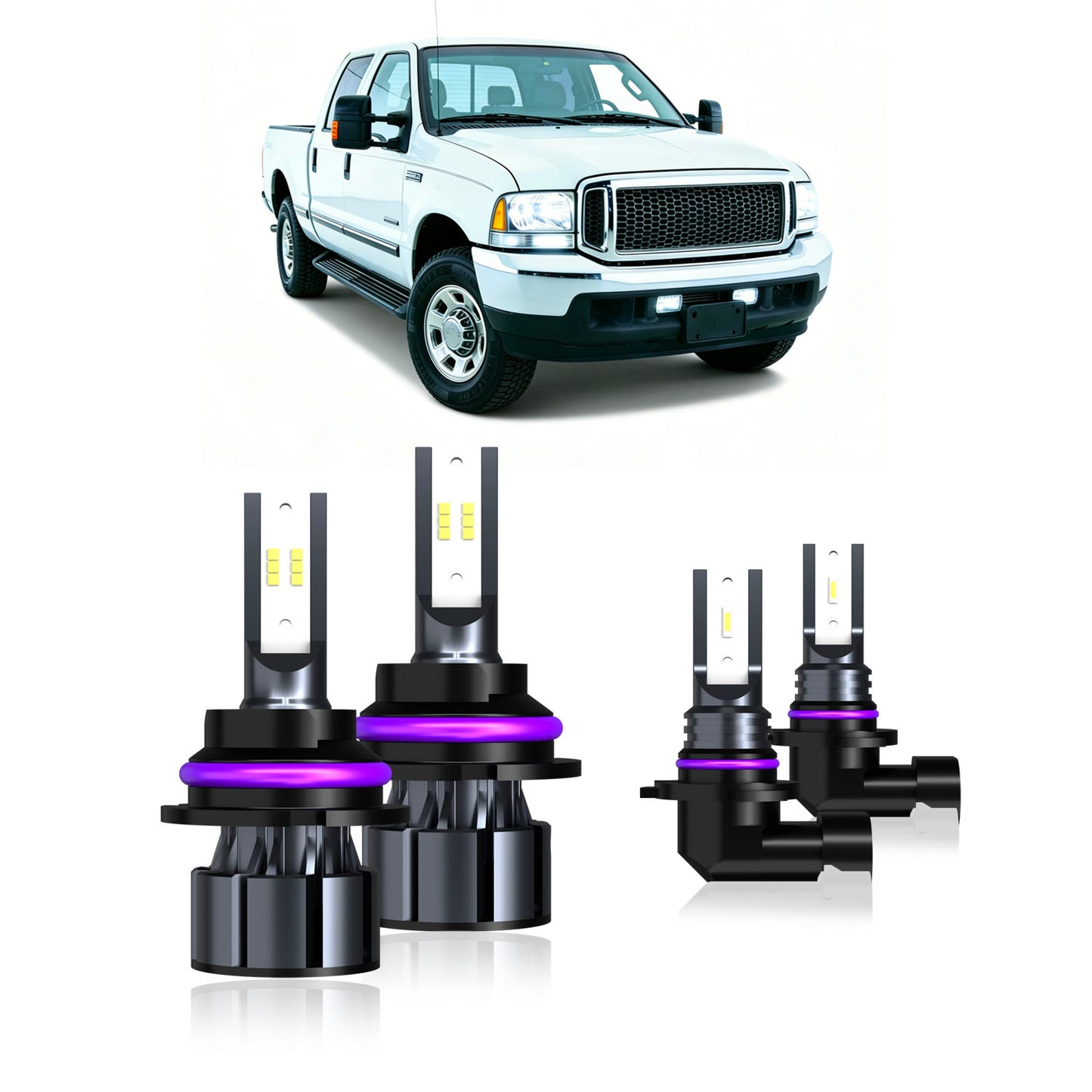 1999-2004 Ford F250 Complete LED Headlight & Fog Light Upgrade Kit | High Beam, Low Beam & Fog Combo (4-Pack）