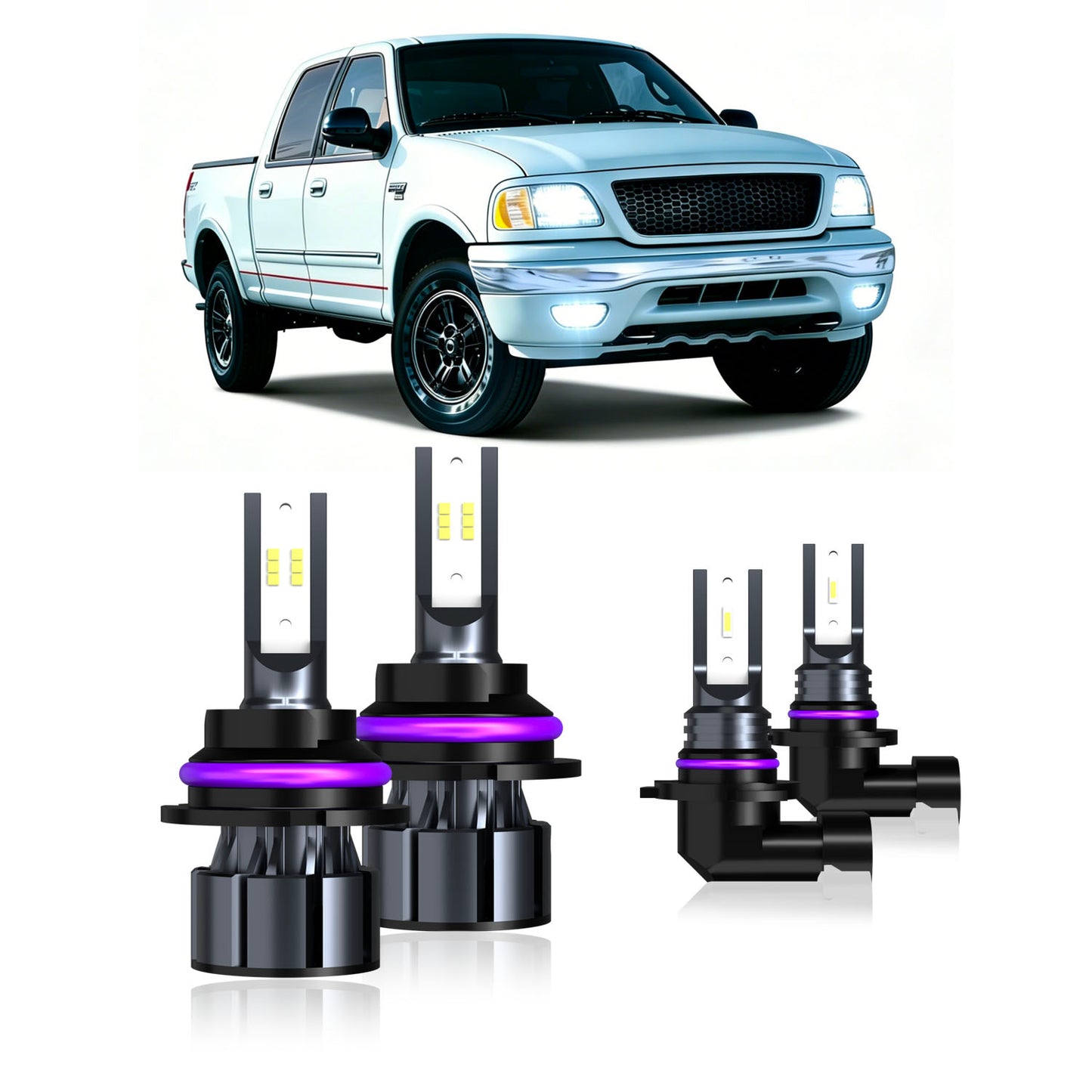 1999-2003 Ford F150 Base/Lariat/XL/XLT/King ranch/Lightning Complete LED Headlight & Fog Light Upgrade Kit | High Beam, Low Beam & Fog Combo (4-Pack）